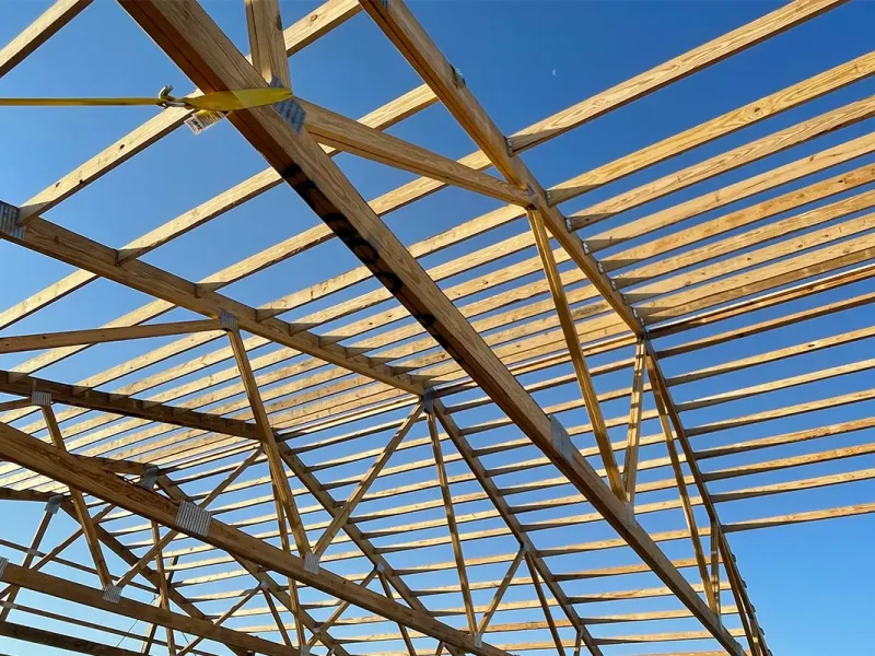 Framing of a Lester building under construction